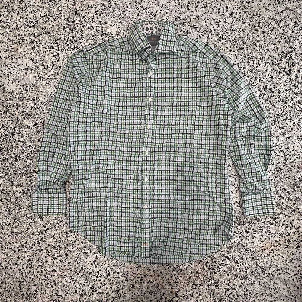 Thomas Dean Shirt Men Medium Green Plaid Button Up Long Sleeve Geometric